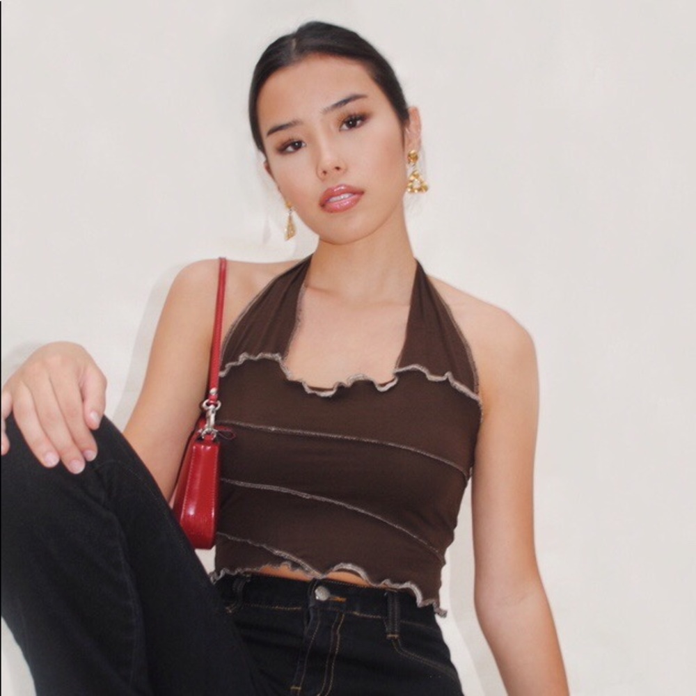 Brown patchwork halter top with exposed seams - Picture 2 of 4